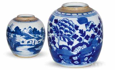 清代青花瓷罐共2個，其上分別繪有“山水、樹木、屋舍、垂釣”風景圖和“花開富貴”圖，保存甚佳，敬請預覽