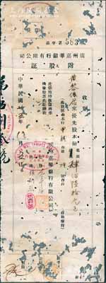 民國廿五年（1936年）廣州嘉華銀行有限公司附股證，優先股本銀肆佰陸拾元，其承購股東亦為黃黎依氏；該行乃中信嘉華銀行（2010年又更名為中信銀行）之前身，歷史意義厚重；此股票雖形制簡單，然存世罕見，亦屬首度公諸于陽明，有蛀孔及貼補，近七成新