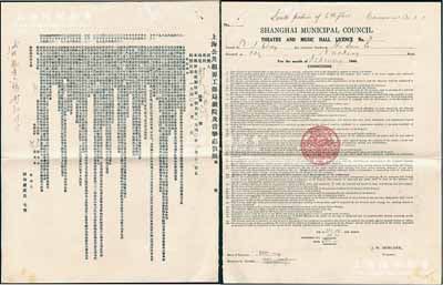 1940年“上海公共租界工部局戲院及音樂(lè)廳執(zhí)照”1份，發(fā)給南京路大新公司（The Sun Co., Ltd.,老上海四大百貨公司之一），中英文雙面印刷；此種老上海百貨公司內(nèi)的娛樂(lè)業(yè)營(yíng)業(yè)執(zhí)照存世極為罕見(jiàn)，保存甚佳，敬請(qǐng)預(yù)覽