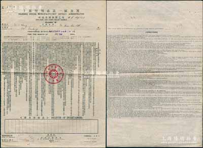 1944年“上海特別市第一區(qū)公署唱說(shuō)書(shū)場(chǎng)執(zhí)照乙等”1份，發(fā)給南京路大新公司（The Sun Co., Ltd.,老上海四大百貨公司之一），中英文雙面印刷；此種老上海百貨公司內(nèi)的娛樂(lè)業(yè)營(yíng)業(yè)執(zhí)照存世極為罕見(jiàn)，保存甚佳，敬請(qǐng)預(yù)覽