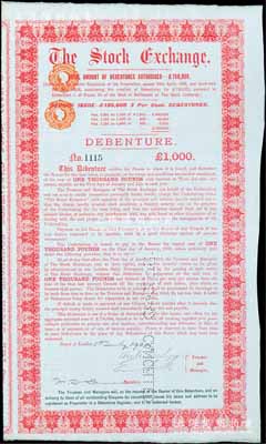 1900年（英國）倫敦證券交易所債券紅色1000英鎊，內有水印；張林先生藏品，罕見，八五成新