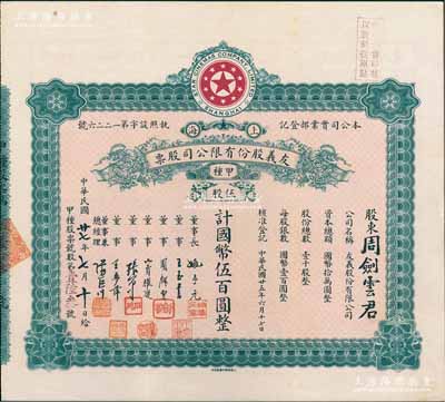 民國廿七年（1938年）上?！び蚜x股份有限公司股票，甲種伍股計國幣伍百圓，票上董事周劍云、張石川均為中國第一代電影導演，而承購股東即為董事周劍云氏；該公司創辦于1936年，其前身即為著名之“明星影片公司”，可謂中國近代電影業之“開山鼻祖”；張林先生藏品，八五成新