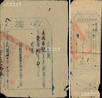 粵東支隊軍糧券2種，詳分：①1948年人民解放軍粵東支隊獨立第七大隊“收據(jù)”1枚，面額解放公糧米壹拾捌石；②1949年中國人民解放軍閩粵贛邊區(qū)縱隊粵東支隊政治部“征借愛國軍糧收據(jù)”1枚，借來愛國軍糧糙米叁佰伍拾司馬斤；此二軍糧券由同一商號“廣茂昌號”所捐借，上蓋“閩粵贛邊區(qū)人民解放軍粵東支隊獨立第七大隊關(guān)防”騎縫章；此粵東支隊于1947年5月在大埔坪沙成立，主要活動于梅州一帶；
