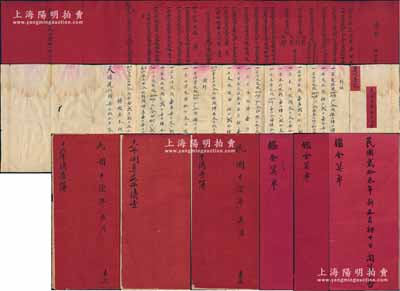 清末至民國時期山西傳統(tǒng)商號之“年結(jié)”清單共8份，詳分：①光緒叁拾肆年（1908年）元亨義記“清抄”1份；②1914年慶恒昌記“民國三年年終清查”1份；③1928至1929年“孝邑北屯村積義和記”年結(jié)清查簿共3冊；④1931至1934年“鑑金算單”共3份；內(nèi)中均開列年結(jié)賬目明細及年終獲利等情，其內(nèi)涵豐富、文字俊秀；保存甚佳，敬請預(yù)覽