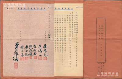 民國三十一年（1942年）大華企業貿易公司《立合伙契約》1冊，該公司由榮鴻元、榮鴻三、榮鴻慶等6人合資創設，資本總額中儲券1000萬元，內中詳列各股東出資狀況、營業范圍、信托部營業范圍（經營股票債券、工商貸款、房地產投資、代理保險、倉庫）、公議條款等情，內涵豐富，值得珍視；源于榮氏家族之遺存，保存甚佳，敬請預覽