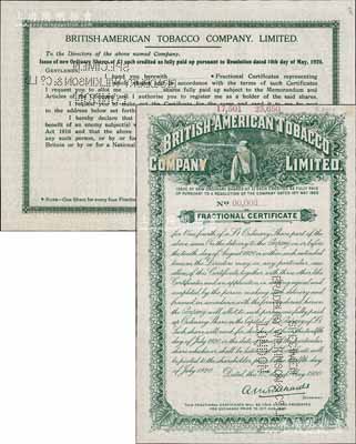 1920年英美煙草公司小額股票證書樣本，每股1英鎊，該公司屬世界第二大煙草公司，從清代進入中國市場，在上海等地設立工廠，一度壟斷中國卷煙市場；源于上海外灘某檔案之遺存，罕見且屬首度公諸于陽明，九成新