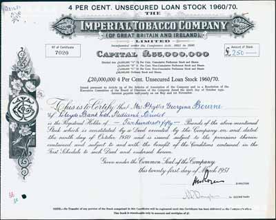 1951年帝國煙草公司四厘貸款股票250鎊，這是英國最大的煙草公司（現為全球第四大煙草制造商、世界500強），成立于1901年，清末即進入中國，后與美國煙草公司合資組建英美煙草公司，壟斷中國卷煙市場；海外藏家出品，少見，八成新