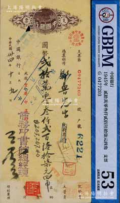 民國卅四年（1945年）中國銀行支票1張，面額為貳拾余萬元，由商務印書館總經理王云五（曾任國民政府經濟部長、財政部長）親筆簽名，并支付給國民黨元老鄒魯，背面蓋有“鄒魯”印章2方；此種名人支票存世頗為稀少，八成新