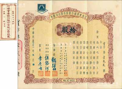 民國(guó)三十一年（1942年）河南實(shí)業(yè)銀行股份有限公司股券，拾股計(jì)國(guó)幣伍百圓，由董事長(zhǎng)魏經(jīng)伯、常務(wù)董事兼總經(jīng)理伍錫河（1909年任大清銀行長(zhǎng)春分行經(jīng)理，1912年任中國(guó)銀行北京分行經(jīng)理）、監(jiān)察人李秀峰簽署，且附帶原封套；此拾股面額之實(shí)用票存世珍罕，亦屬首度公諸于陽(yáng)明，八五成新