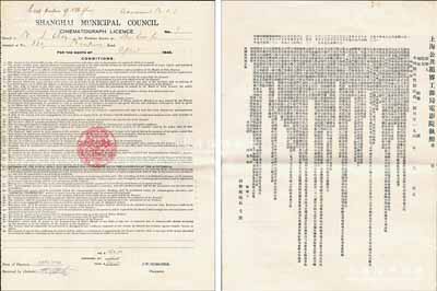 1940年“上海公共租界工部局電影院執(zhí)照”1份，發(fā)給南京路大新公司（The Sun Co., Ltd.,老上海四大百貨公司之一），中英文雙面印刷；此種老上海百貨公司內(nèi)的娛樂(lè)業(yè)營(yíng)業(yè)執(zhí)照存世極為罕見(jiàn)，保存甚佳，敬請(qǐng)預(yù)覽