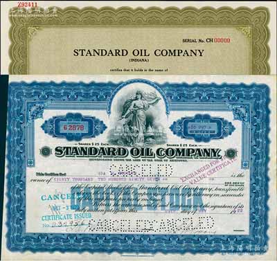 1922年美孚洋行（即美孚石油公司）股票，面額80297股（每股25美元，面額巨大），另附其1954年雕刻版股票樣張1枚；該公司今稱標準石油公司，1870年由洛克菲勒創建于美國俄亥俄州，1894年來華營業，由近代商業巨子葉澄衷訂約包銷其所產石油，在中國各大城市均設有分號或代理處，成為在華最大的石油公司；海外藏家出品，罕見，八成至全新