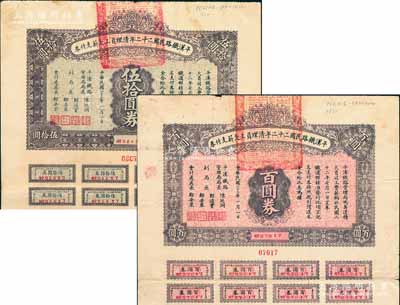 民國二十三年（1934年）平漢鐵路民國二十二年清理員工欠薪支付券伍拾圓券、百圓券共2枚不同，均附帶有息票；海外回流品，七五至八成新