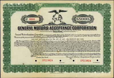 1926年（美國）通用汽車公司綠色5000美元黃金債券樣本，雕刻版印制；該公司乃世界汽車工業巨頭，2018年位居世界500強第21名，其出品之別克、雪佛蘭、凱迪拉克等品牌均家喻戶曉；美國藏家出品，罕見，八五成新