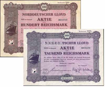 1936年北德輪船公司股票100馬克、1000馬克共2枚不同，印刷精美，滿版水印；該公司又稱北德郵輪公司，自1885年來華，首辟歐洲至香港航線，并廣泛經營長江和沿海的航運業務，在中國各大港口均設立分號或代理處，曾是舊中國最大的外資輪船公司之一；德國藏家出品，少見，九五成新