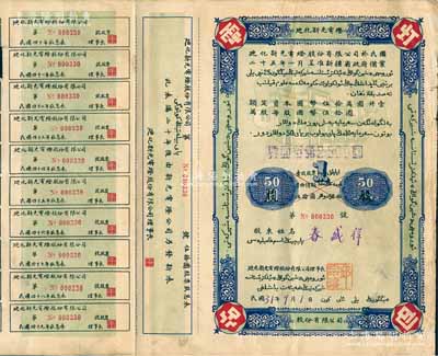 民國31年（1942年）迪化新光電燈股份有限公司股票，伍拾股計貳仟伍百圓，上印漢、維文字，附帶有息票；票上理事長邱宗濬，乃民國“新疆王”盛世才之岳父，曾任新疆伊犁區屯墾使、伊犁警備區司令、新疆民政廳長等職；此種藍色大面額股票存世珍罕，亦屬首度公諸于陽明，八成新，敬請預覽和珍視