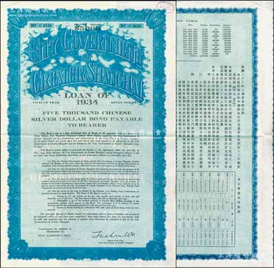 民國二十三年（1934年）上海市市政公債伍仟元，正面英文，背面有中文，由上海市市長吳鐵城、新豐洋行葛勃生簽名，附帶有息票；海外回流品，罕見，九成新