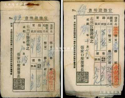成紀738年（1943年）張家口榷運署“官鹽證明書”（即鹽票）1冊共99枚，其上開列鹽店名（涿鹿縣永記鹽店）、購買者姓名、買鹽類別與斤數等，屬蒙疆偽政權官鹽統制與專賣之歷史實物，保存甚佳，敬請預覽