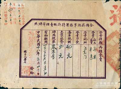中華民國十八年（1929年）“全國煙酒事務署特許販賣煙草牌照”1張，由平遙縣煙酒稅務局簽發，其上詳列營業種類、營業人姓名、營業地址、字號、稅額、本期完稅數目、牌照號數、有效期等，背印注意條例；少見且保存尚佳，敬請預覽