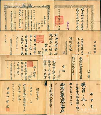 民國(guó)時(shí)期東北梁華堂醫(yī)師遺存之證書(shū)、獎(jiǎng)狀一宗共11張，詳分：①1923年“南滿(mǎn)中學(xué)堂”醫(yī)學(xué)預(yù)科修業(yè)證書(shū)1張及獎(jiǎng)狀3種；②“南滿(mǎn)醫(yī)學(xué)堂”1926年第三學(xué)年獎(jiǎng)狀、1927年畢業(yè)證書(shū)各1張；③1928年內(nèi)務(wù)省衛(wèi)生局“醫(yī)生許可證”、南滿(mǎn)洲鐵道株式會(huì)社職員任命書(shū)各1張；④1929年滿(mǎn)洲醫(yī)科大學(xué)“助手兼醫(yī)生任命書(shū)”1張；⑤1930年“東省特別區(qū)市政管理局委任狀”1張，委其為市立醫(yī)院皮膚花柳科