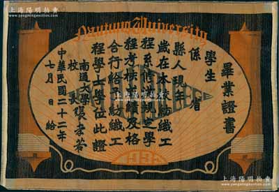 民國(guó)二十二年（1933年）“南通大學(xué)畢業(yè)證書(shū)”1張，絲綢質(zhì)，由校長(zhǎng)張孝若（晚清狀元實(shí)業(yè)家張謇之子、民初“四公子”之一）署名，罕見(jiàn)且保存甚佳，敬請(qǐng)預(yù)覽