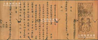 大清咸豐八年（1858年）傳統(tǒng)“定帖”（即古代婚書(shū)）1件，封面龍鳳呈祥圖，內(nèi)中辭藻華麗隆重，且開(kāi)列籍貫、世系、年庚、命名等情，極富傳統(tǒng)韻味，且附帶原封套；此種古典婚書(shū)極富傳統(tǒng)內(nèi)涵，保存尚佳，有蛀孔，敬請(qǐng)預(yù)覽和重視