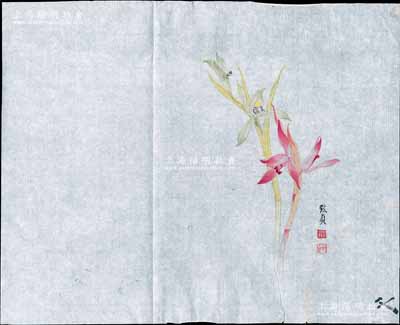 中國著名工筆畫家俞致貞繪制之“蘭花”圖1幅，可能繪制于1950年代，尺寸420×338mm，色彩絢麗，圖案優雅；俞致貞乃著名花鳥畫家，師從于非闇和張大千，曾任中央美術學院教授，擅長工筆花鳥、草蟲、蔬果等；保存甚佳，敬請預覽