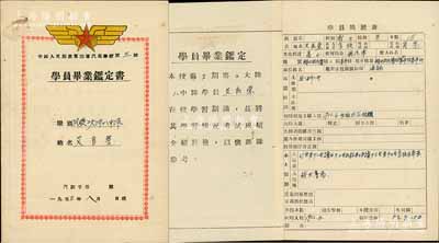 1953年“中國人民解放軍空軍汽車學校第三期學員畢業鑒定書”1冊，內中有學員簡歷表、技能鑒定、學習情況表、具體技能情況、政治鑒定等內容；保存甚佳，敬請預覽