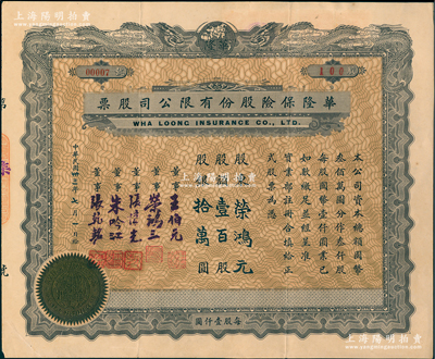 民國卅三年（1944年）華隆保險股份有限公司股票，壹百股計股銀拾萬圓，上印雙龍地球圖，票上董事王伯元乃上海灘金業(yè)大王、榮鴻三乃無錫榮氏家族（榮宗敬之次子，榮毅仁堂兄）；此股票之發(fā)行號碼僅為00007號，其承購股東為榮宗敬長子、著名實業(yè)家榮鴻元氏，尤為值得珍視；江南雁門堂藏品，珍罕，八成新