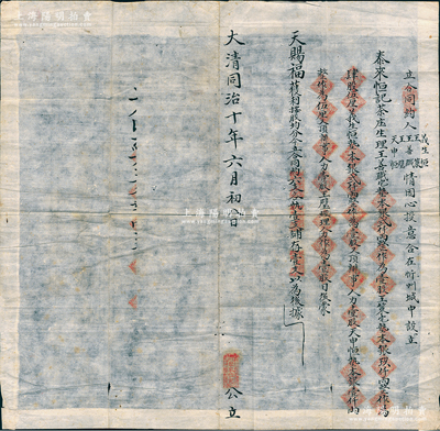 大清同治十年（1871年）山西忻州“泰來(lái)恒記茶庒”合同約1份，事為“義生恒、王策、王善職、王璧、天申恒情因心投意合，在忻州城中設(shè)立泰來(lái)恒記茶庒生理”，內(nèi)中詳列各股東出資狀況（詳分錢股和人力股，錢股壹股計(jì)銀貳仟兩）等情；此種晉商傳統(tǒng)式股份合同，存世少見(jiàn)且內(nèi)涵豐富，保存甚佳，敬請(qǐng)預(yù)覽