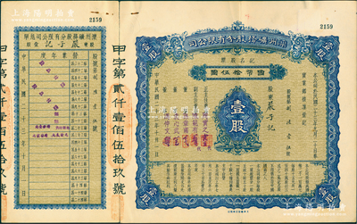 民國二十三年（1934年）灤州礦務股分有限公司記名股票，壹股計國幣拾伍圓，附帶有息單，票上由董事周實之（北洋財政總長周學熙之弟）、孫章甫（即中國銀行總裁孫多森之弟孫多鈺）、袁心武（袁世凱第六子）等署名，而承購股東嚴子記為著名巨商嚴信厚之子嚴子均；此乃早期版式，存世罕見，亦屬首度公諸于陽明，八成新