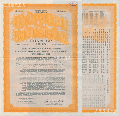 民國二十三年（1934年）上海市市政公債壹仟元，正面英文，背面有中文，由上海市市長吳鐵城簽名、新豐洋行葛勃生等，附帶有息票；少見，八五成新