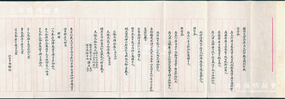 民國早期中國銀行總司券李心靈、副司券孫方尚謹呈之“兌換券庫存及加印數目”呈摺1份，其上開列空白券、北京券、外省券之數目及加蓋戳記券等詳情，并由北京中國銀行開列庫存一元、五元、十元、二十元、五十元、一百元之數目，對研究中國銀行黃帝像券極富裨益；源于黎元洪家族之遺存，墨字俊秀，保存甚佳，敬請預覽