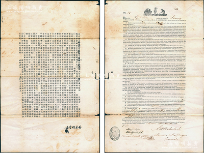 咸豐六年（1856年）中國出洋勞工“賣豬仔”契（即勞工合同）1份，中英文對照，事為“廣東新寧縣人林亞瑞經代辦人介紹雇往古巴島夏華拿城（即古巴首都哈瓦那）當工”，言明“聽從指使，工期八年，每月工銀四大員”等情，內中列明各項條款、伙食、醫療、待遇等，條件極為苛刻；此種清末中國勞工出洋遠赴古巴之“賣豬仔”契，見證華工之辛酸血淚史，歷史意義沉重；源於海外回流，保存尚佳，敬請預覽