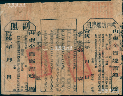 宣統二年（1910年）山東全省巡警道“吸戶購煙牌照”1張，附帶日期表和副照，并鈐有兩處“山東省巡警道關防”；此種購買“鴉片”執照存世頗為稀見，保存尚佳，背有貼紙，敬請預覽
