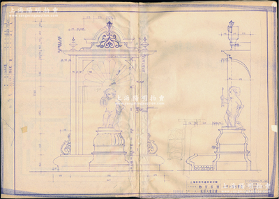 1992年上海市民用建筑設計院《靜安賓館底層大堂改建》設計圖1冊共68頁，內含總臺辦公、總經理室、副總經理室、美容室、休息室、多功能廳等大堂各廳室之平頂、平面、立面、放大立面及剖面詳圖，以及壁龕壁燈、木柱托座、側門商場等裝潢設施之平面、立面和剖面圖；該賓館屬上海四星級酒店，此宗檔案內容翔實，每張圖紙下均標注有工程名稱、編號、項目、日期、圖號等信息，并由設計總負責人、設計人、校對