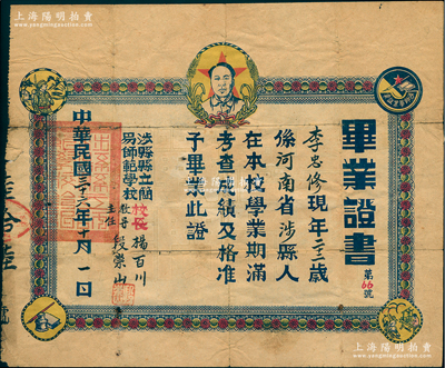 民國三十六年（1947年）“河南省涉縣縣立簡易師范學校”畢業(yè)證書1張，上印毛主席像，四角分印涉縣畢業(yè)證章、男耕女織、士兵、筆墨紙圖案，極富解放區(qū)之特色；時涉縣為晉冀魯豫抗日根據(jù)地中心，劉伯承、鄧小平領(lǐng)導的八路軍一二九師曾駐扎于此；罕見且歷史意義厚重，保存尚佳，敬請預覽