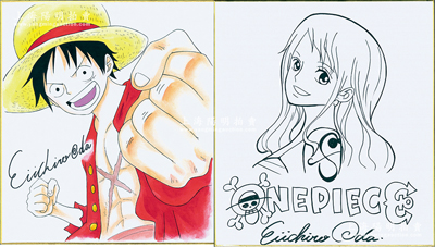 日本著名漫畫家尾田榮一郎（Eiichiro Oda）親筆手繪《海賊王》簽名版漫畫原稿共2幅，內含“路飛”（彩色）、“娜美”（線稿）各1幅，尺寸240×270mm；品相一流，敬請預覽