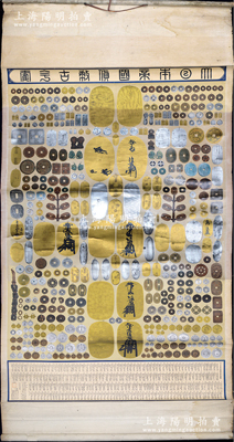 大正五年（1916年）《大日本帝國貨幣古今集》特大型掛圖一幅，尺寸835×1740mm，其上印刷原大原色日本歷代古錢、金銀貨幣圖樣，形制美觀，可適用于展覽和館藏，堪稱難得佳品；保存較佳，敬請預覽和重視