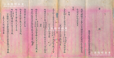 清末“總辦江甯戶部造幣分廠江蘇候補道匡翼之謹呈”之“清摺”1份，事為“遵將代鑄銅元十七萬千，計需銅鉛、煤焦、火耗、襍料、薪工、襍用等項成本開具細數清摺”恭呈憲臺大人，內中開列鑄造1700萬枚銅元所需之各項成本，合計九三八湘平銀102082兩8錢3分2厘（注：此摺以“湘平銀”計數，似為江寧造幣分廠幫湖南省代鑄銅元，極富史料研究價值）；此乃清代之錢幣（銅元）文獻，墨字俊秀，保存較佳