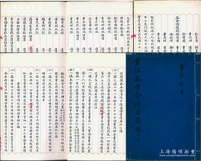 民國(guó)念年（1931年）上海《童涵春堂合同正議據(jù)》（第肆號(hào)）1冊(cè)，由股東童荇村君（童氏家族成員，占陸股計(jì)資本洋肆萬(wàn)貳千元）執(zhí)有，事為1932年孫衡甫（四明銀行總經(jīng)理）、童文熙（童涵春堂家族）、俞佐廷（寧波旅滬金融業(yè)巨子）、陳楚湘（民國(guó)“卷煙大王”）等28位股東在上海小東門方浜路設(shè)童涵春堂興記藥號(hào)，集成資本洋56萬(wàn)元，分作80股，每股洋7000元，內(nèi)中詳列各股東之出資狀況，并開列議