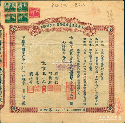 民國二十六年（1937年）上海大達房產股份有限公司股票，壹百叁拾貳股計國幣壹千叁百貳拾圓，票上由董事王一亭（近代著名書畫家）、劉翰怡（即嘉業堂藏書樓主人劉承干）、李詠裳（鎮海“小港李家”子弟）、劉培余（南潯四象之首劉氏子弟，曾任浙江興業銀行董事）等署名，實可謂名流匯集；上海老股票之別致佳品，罕見，七五成新