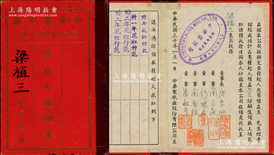 民國三十年（1941年）中華制紙廠股份有限公司“發起人證明書”（即權益優先股），由發起人梁植三占權益壹份，逐年分紅，其領取花紅記錄至1950年；該公司董事長唐季珊為著名南洋富商，號稱“茶葉大王”，更因其相好著名影星阮玲玉之死而名噪一時；罕見，八成新