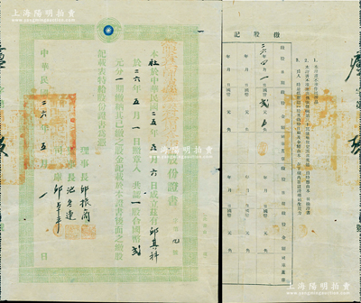 民國二十六年（1937年）無限責任閩清縣瀘溪村信用合作社股份證書，一股計國幣貳元，上端印有國民黨黨徽及“我為人人，人人為我”之口號，其發行號碼僅為“第九號”；福建老股票之罕見品，且見證民國中期之“國民合作運動”，八成新