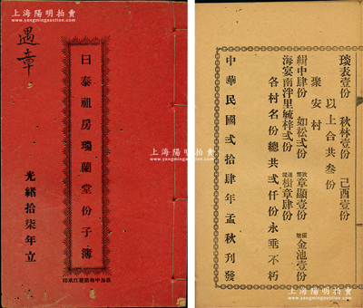 民國貳拾肆年（1935年）《日泰祖房瑞蘭堂份子簿》1冊，該堂立于光緒十七年（1891年），內中詳列各村股份名錄共計2000份；廣東開平縣傳統式老股票，保存較佳，敬請預覽
