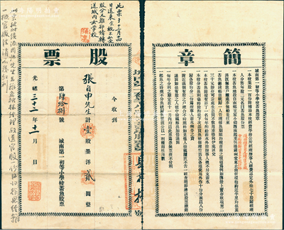 光緒三十二年（1906年）城南第一初等小學校蓄魚股票，壹股計墨洋貳圓，背印簡章；此乃江蘇南通之老股票，當地小學校以養魚收入作為補助本校經費，甚屬特殊，且其上又有“此票……轉送城內女學校”等批注；清代老股票之初見珍品，亦屬首度公諸于陽明，八成新