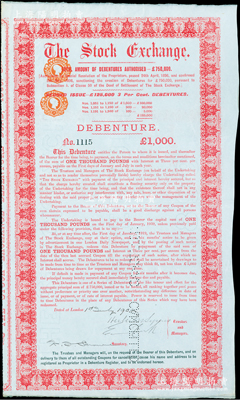 1900年（英國）倫敦證券交易所債券紅色1000英鎊，內有水印，罕見，八五成新