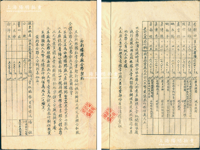 1954年（貴陽市）《西南橡膠廠合夥契約》（第叁號，即股票）1冊，由王天梯股東投資295萬元人民幣，內中詳列契約16條，并開列所有股東芳名及投資金額等，內容頗為詳盡；此種貴州省傳統式老股票存世罕見，值得重視，保存甚佳，敬請預覽