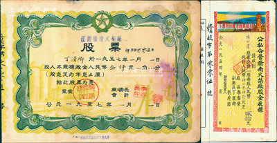 贛南火柴廠股票共2種不同，詳分：①1954年公私合營贛南火柴廠股金收據，202股計人民幣肆仟零肆拾元，印有“在總線路光輝的照耀下”口號及圖案，極富時代特色；②1957年江西贛南火柴廠股票，投入股金人民幣叁仟元，附帶存根，七五成新