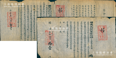 清代上三旗“神機營”致（領侍衛內大臣）總理文案處“移文”共3件，詳分：①同治四年（1865年）“兩旗檔房”移文1件，事為“自十月起，鑲黃旗每月逢一四七日在安定門外操演、正白旗逢三六九日在東直門外操演，逢五日兩旗在安定門鑲黃旗教場合操，逢八日兩旗在光熙門演放鉛丸”等情；②同治五年（1866年）“鑲黃正白白旗隊營總二品頂戴參領瑞”移文2件，分別事為“前赴東直門外光熙門左翼四旅合演鉛