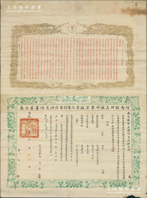宣統(tǒng)叁年（1911年）“河南鄭州直隸州滎澤縣官立滎河自治研究所畢業(yè)文憑”1份，超大尺寸505×685mm，發(fā)給學(xué)員馬崗?fù)な希ㄆ骄謹(jǐn)?shù)95.64分）考得最優(yōu)等生，其最顯著之處在于上半部分印有光緒三十三年慈禧太后關(guān)于開辦學(xué)堂之“諭旨”，且以雙龍戲珠圖圍繞，形制極為壯觀；此文憑迄今或?qū)賰H見，堪稱清代畢業(yè)證書之一大珍品，保存較佳，敬請(qǐng)預(yù)覽和珍視
